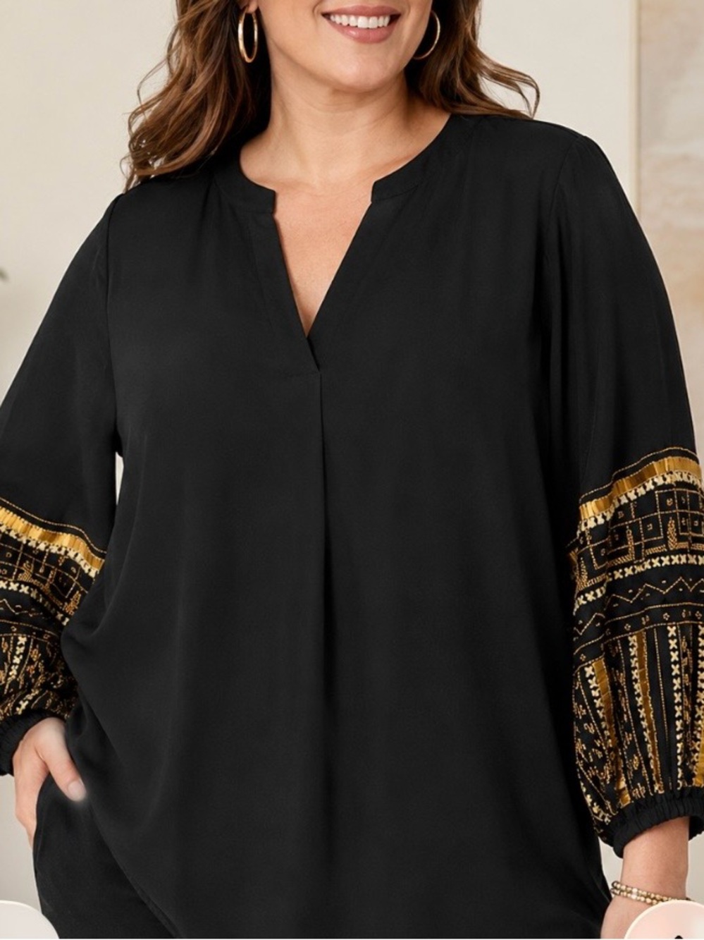Chico’s Black Embroidered Beaded Balloon Sleeve Tunic Sz 4/ US 20/22 Boho